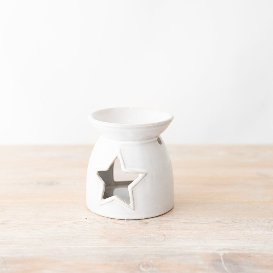 Star Oil Burner, 10.6cm White Ceramic with Cut Out Design, Wax Melt Holder