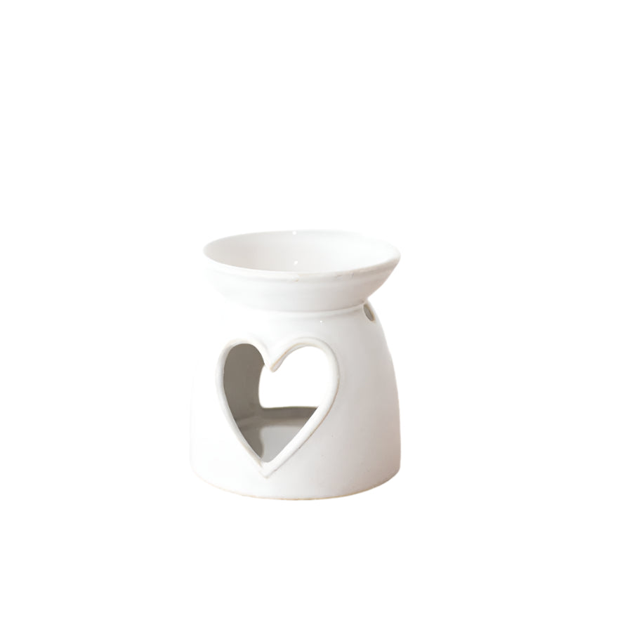Heart Oil Burner, 10.6cm White Ceramic with Cut Out Heart, Wax Melt Holder