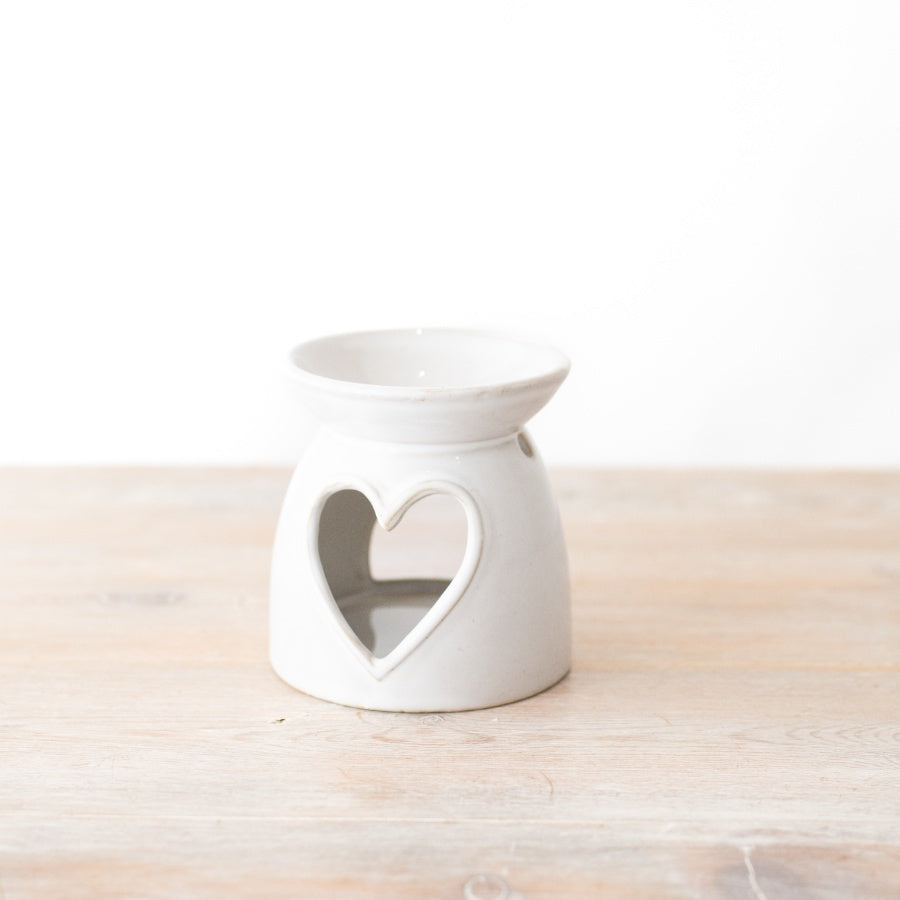 Heart Oil Burner, 10.6cm White Ceramic with Cut Out Heart, Wax Melt Holder