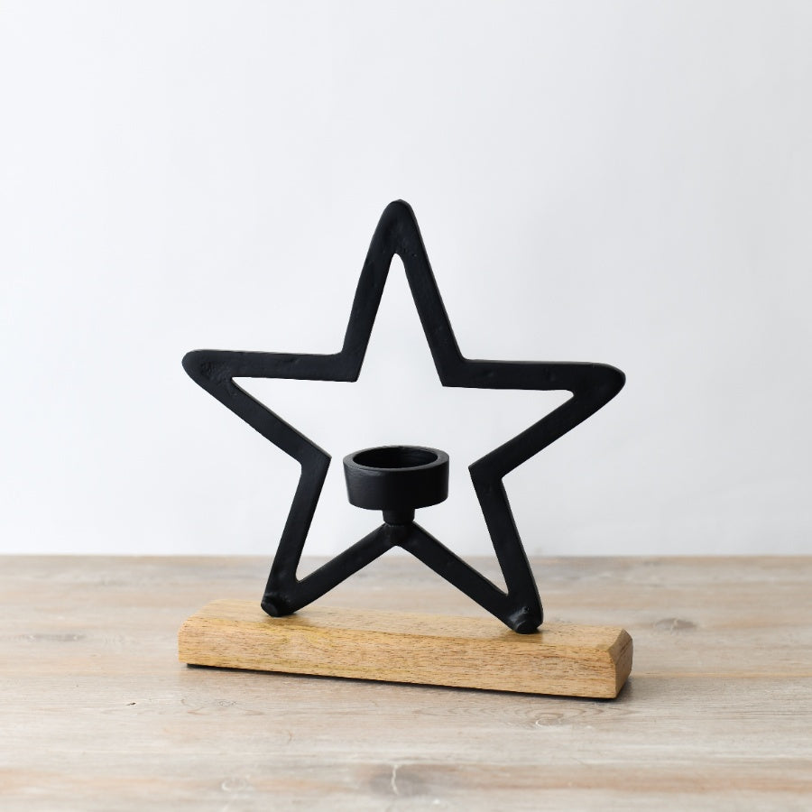 Black Star Tea Light Holder, 25cm Iron & Wood Candle Stand, Rustic Decor Accent