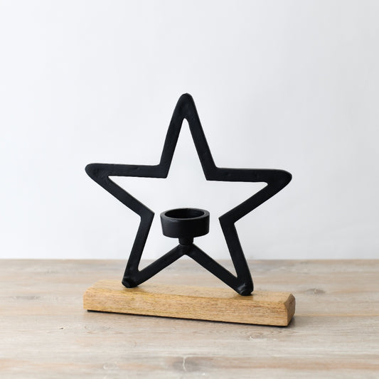 Black Star Tea Light Holder, 25cm Iron & Wood Candle Stand, Rustic Decor Accent