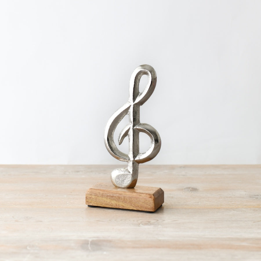 Metal Musical Note Ornament, 20cm Silver Sculpture on Wooden Base, Music Decor
