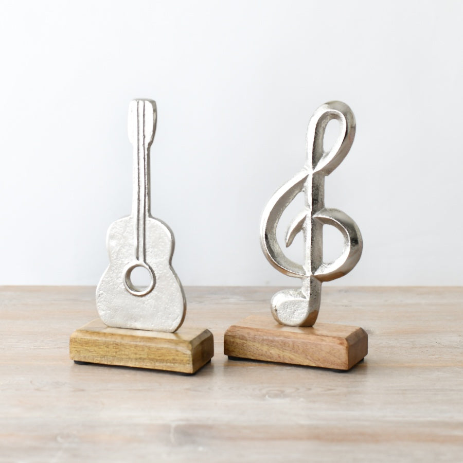 Metal Musical Note Ornament, 20cm Silver Sculpture on Wooden Base, Music Decor