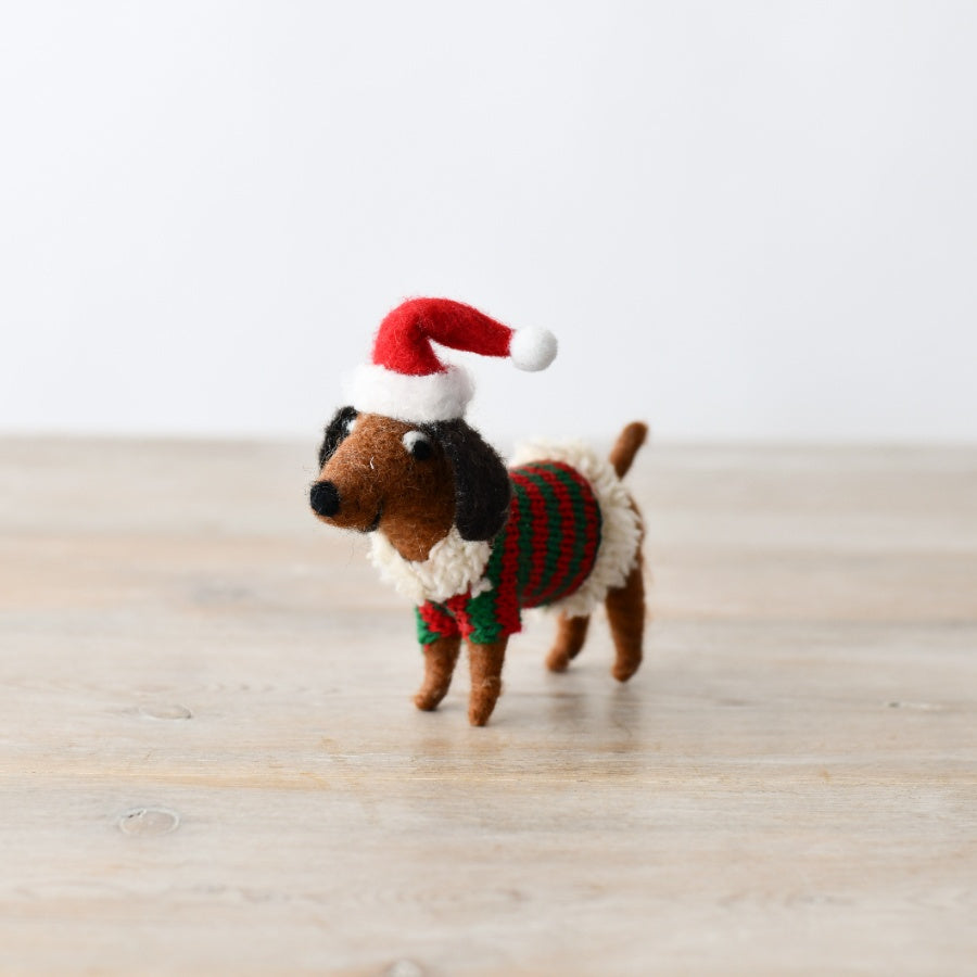 Wool Sausage Dog in Striped Jumper, 12cm Festive Ornament, Cute Christmas Decoration