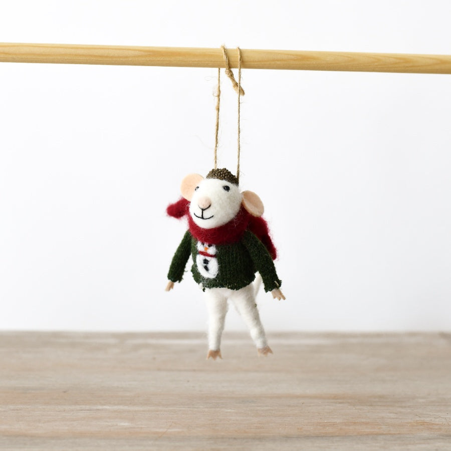 Snowman Jumper Mouse, 12.5cm Festive Felt Ornament, Cute Christmas Tree Decoration