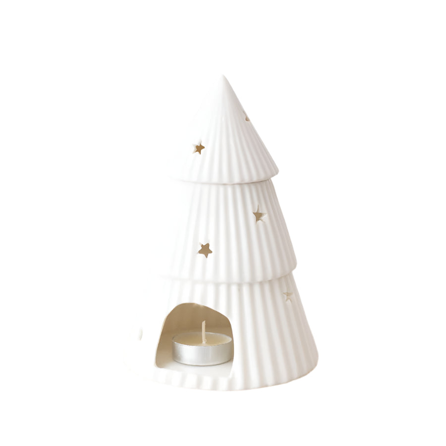 White Christmas Tree Oil Burner, 18cm Glazed Festive Scent Warmer with Star Cutouts