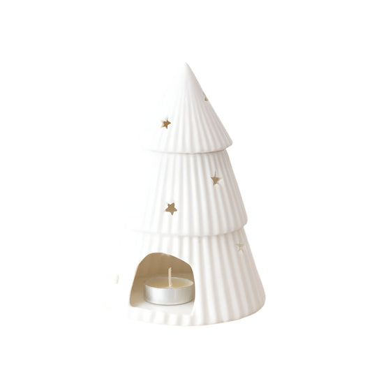 White Christmas Tree Oil Burner, 18cm Glazed Festive Scent Warmer with Star Cutouts