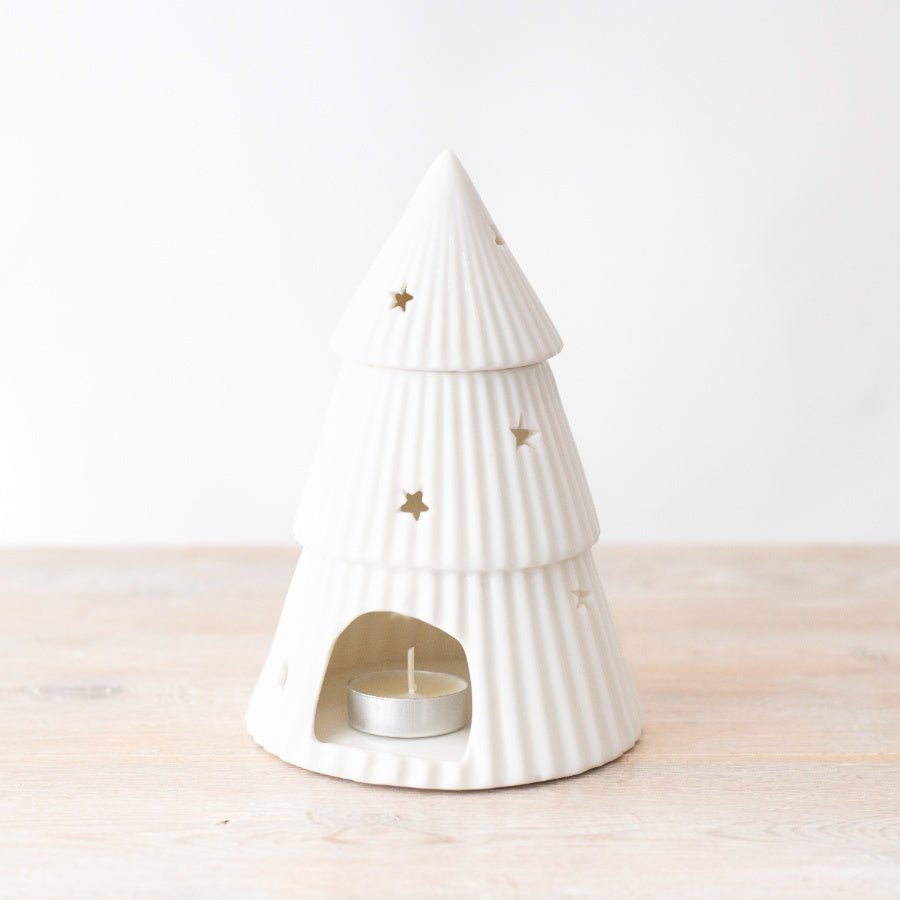 White Christmas Tree Oil Burner, 18cm Glazed Festive Scent Warmer with Star Cutouts