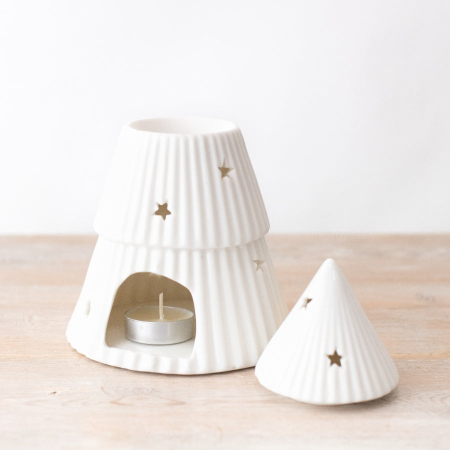 White Christmas Tree Oil Burner, 18cm Glazed Festive Scent Warmer with Star Cutouts