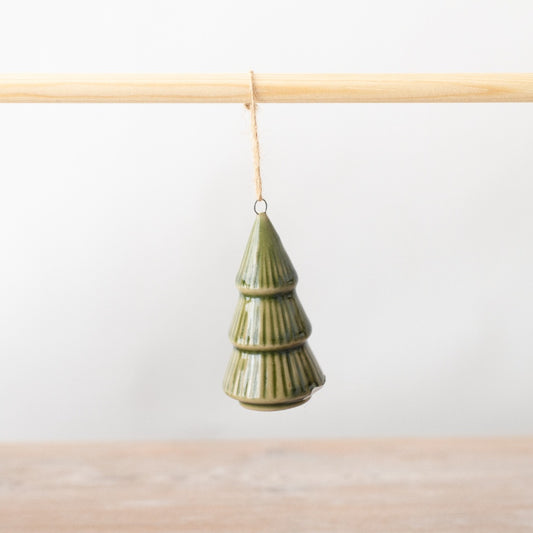Porcelain Green Tree Hanging Decoration, 8cm Festive Ornament with Jute Twine
