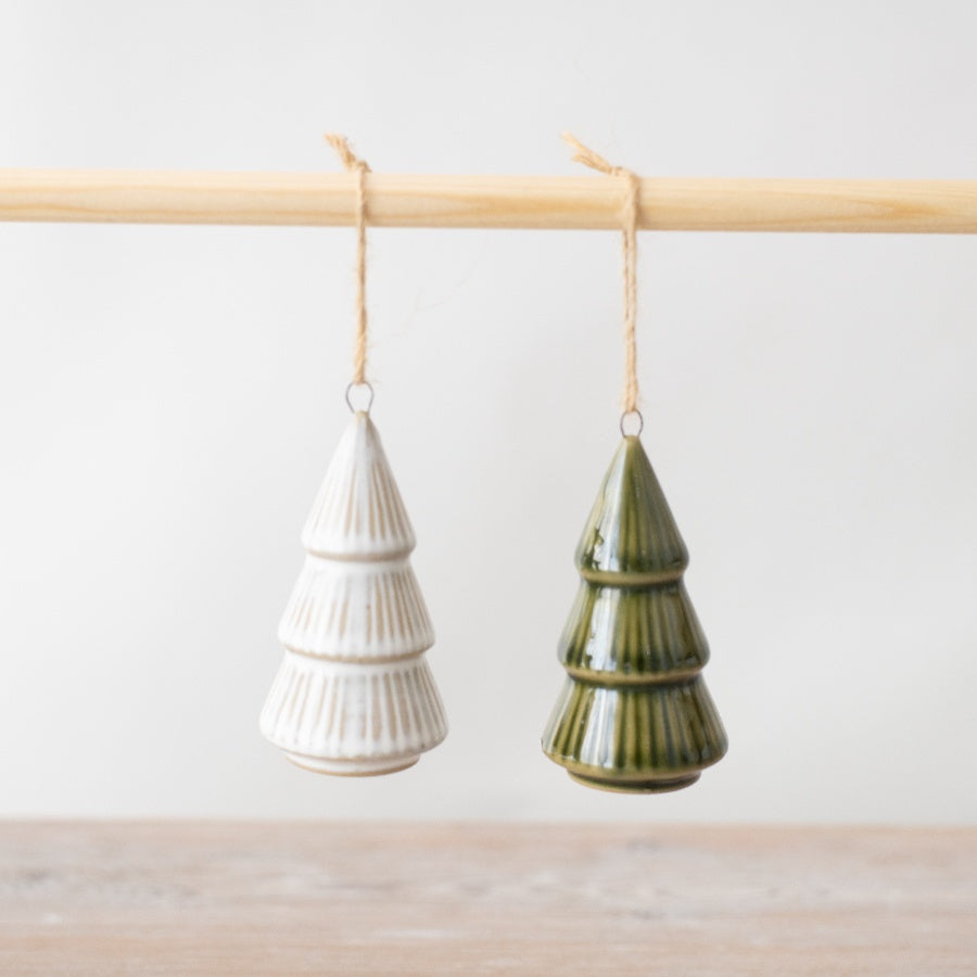 Porcelain Green Tree Hanging Decoration, 8cm Festive Ornament with Jute Twine