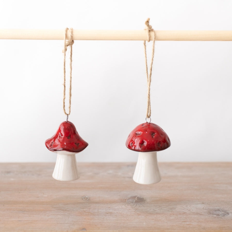 Red Glazed Mushroom Decoration 7cm Hanging Woodland Ornament with Jute Loop