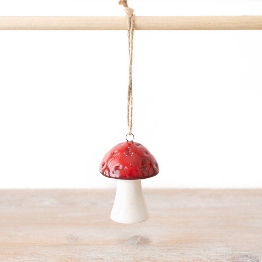 Red Glazed Mushroom Decoration 7cm Hanging Woodland Ornament with Jute Loop