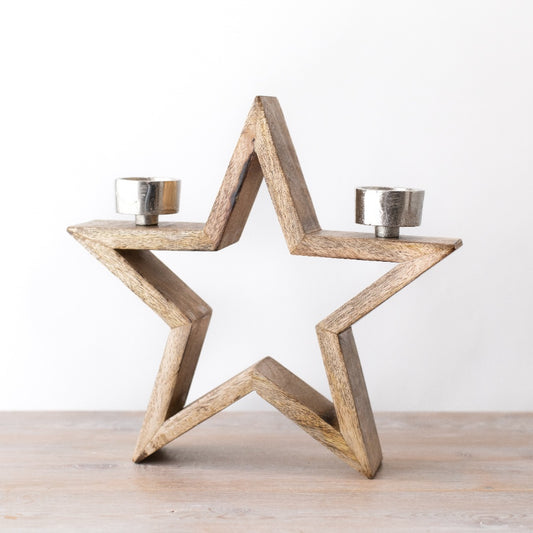 Wooden Star with Tealight Holders 28cm Rustic Home Decor, Aluminium Accents