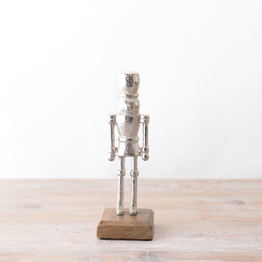 Small Aluminium Nutcracker on Wooden Base 23cm Festive Christmas Decor