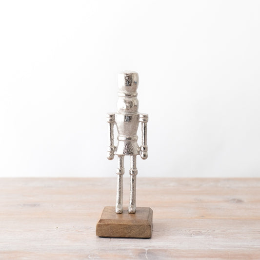 Small Aluminium Nutcracker on Wooden Base 23cm Festive Christmas Decor