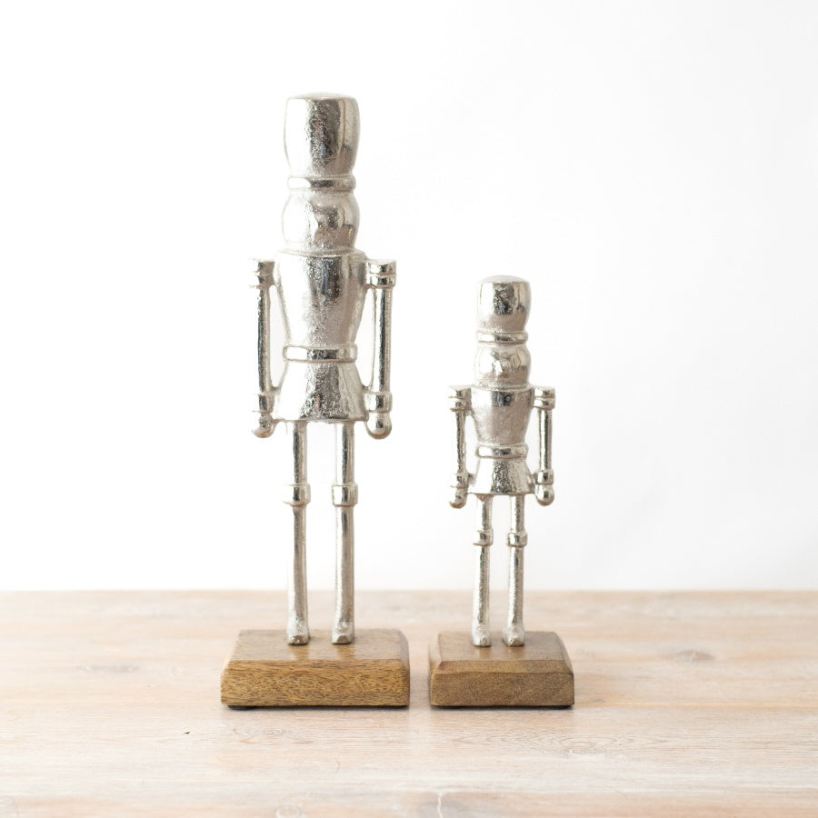 Small Aluminium Nutcracker on Wooden Base 23cm Festive Christmas Decor