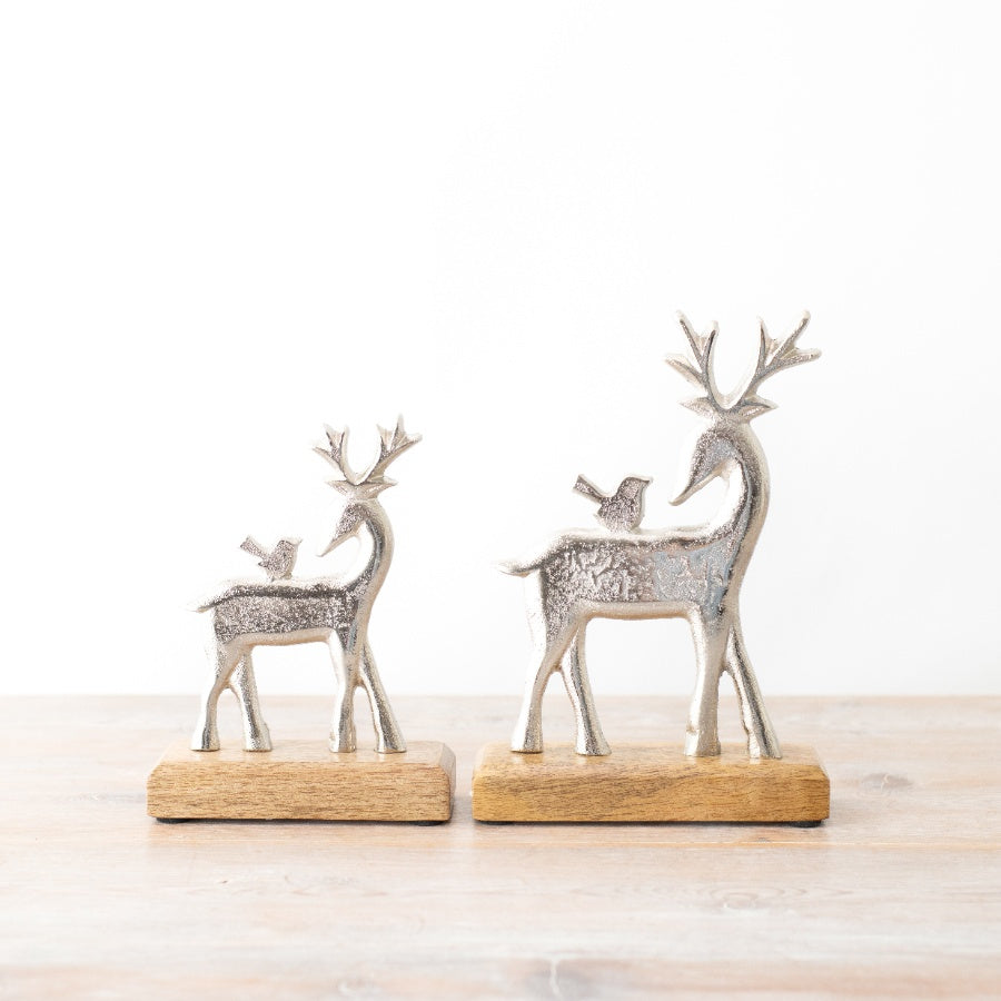 Silver Reindeer with Bird on Wooden Base 17cm Festive Table Ornament