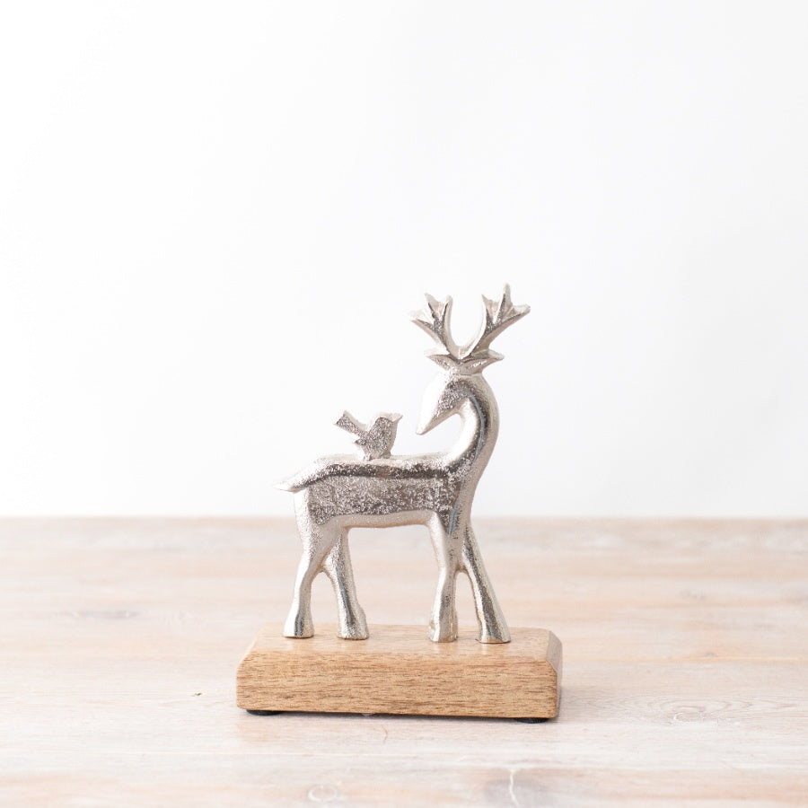 Silver Reindeer with Bird on Wooden Base 17cm Festive Table Ornament