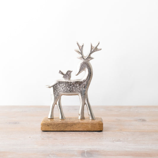 Silver Reindeer on Rustic Base 22cm Christmas Ornament, Festive Winter Decor
