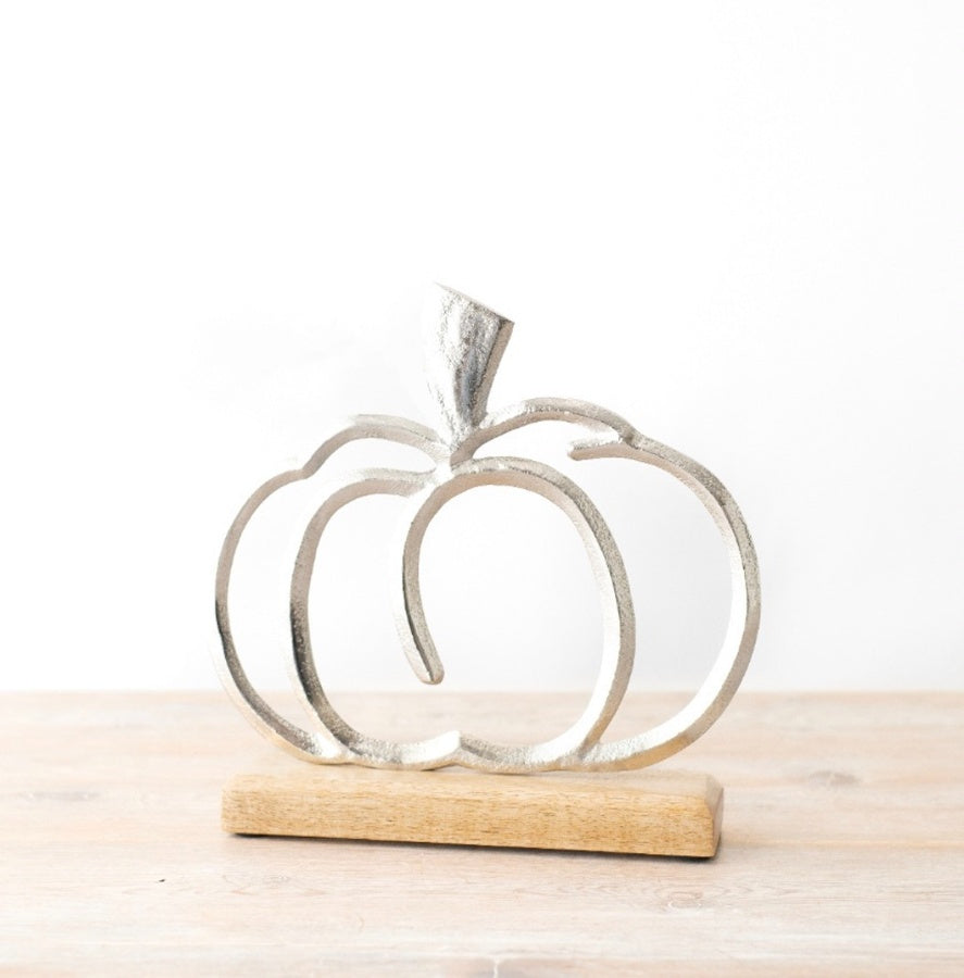 Aluminium Pumpkin on Wooden Base 18cm Halloween Decoration, Autumn Ornament