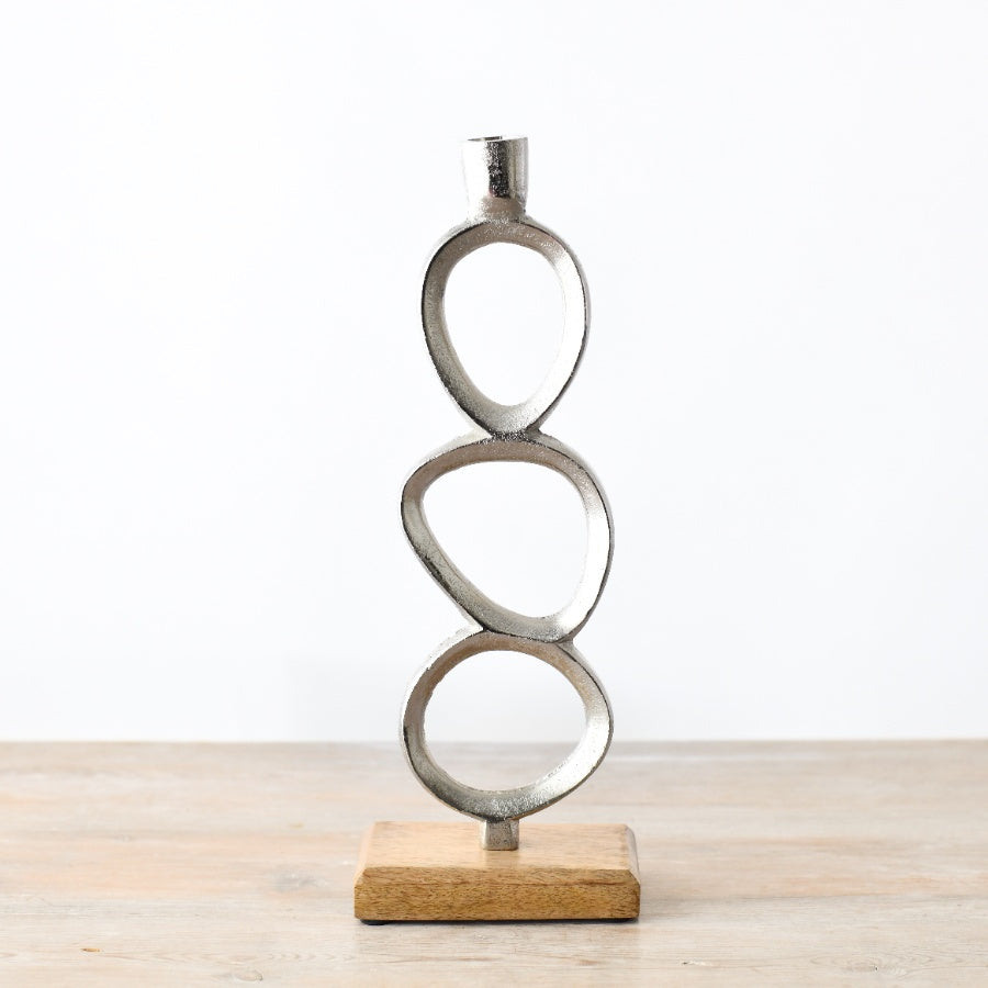 Minimal Chrome Candle Stand 35cm, Modern Wooden Base Home Decor