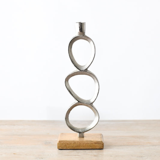 Minimal Chrome Candle Stand 35cm, Modern Wooden Base Home Decor