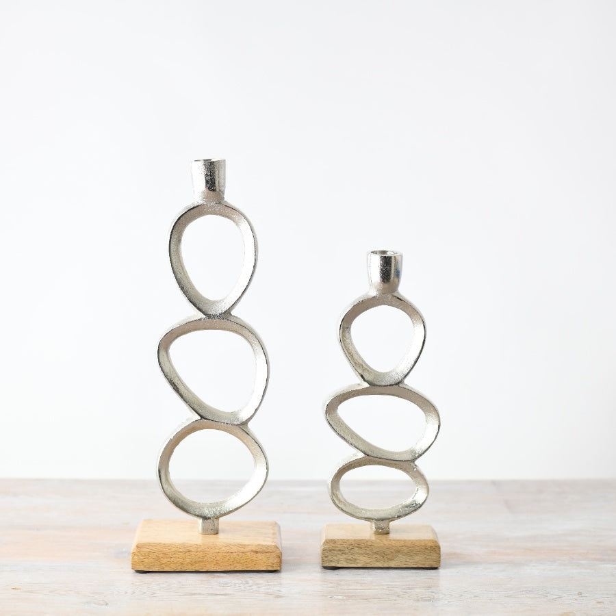 Minimal Chrome Candle Stand 35cm, Modern Wooden Base Home Decor