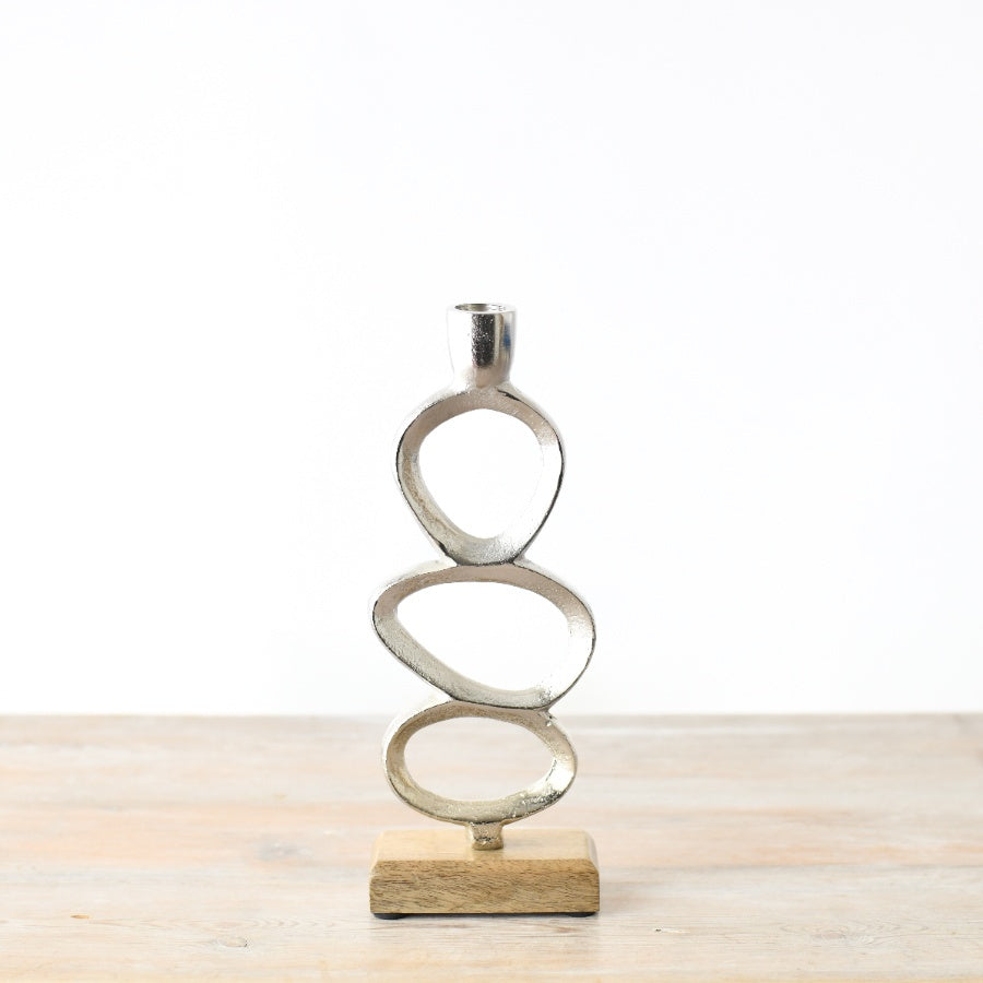 Brushed Chrome Candle Stand 25cm, Modern Oval Detail Home Accent