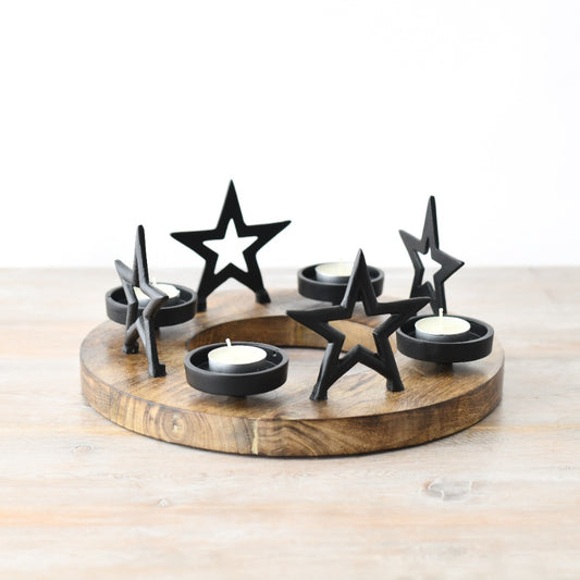 Black Star T-Light Holder on Wooden Base 30cm, Festive Candle Display