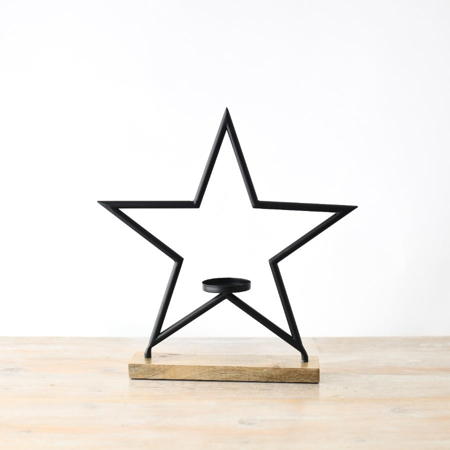 Star with T-Light on Base – 40cm Black Metal Candle Holder, Modern Home Accent