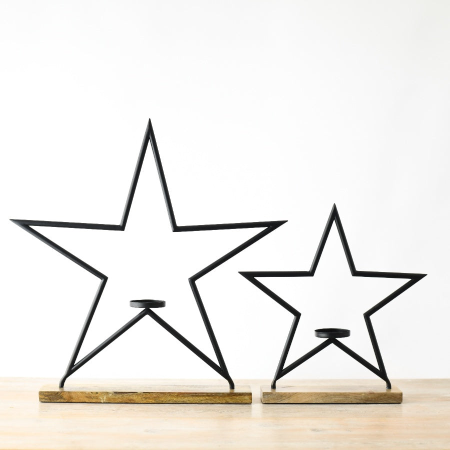 Star with T-Light on Base – 40cm Black Metal Candle Holder, Modern Home Accent