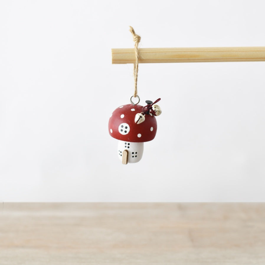 Rustic Mushroom House Tree Hanger 9cm, Wooden Woodland Ornament, Year-Round Decor
