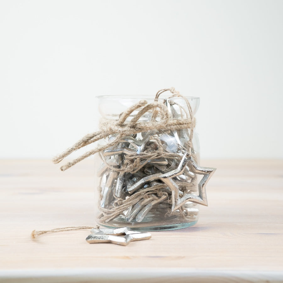 30pc Star Decorations in Glass Jar 12cm, Festive Hanging Ornaments, Clear Storage Jar