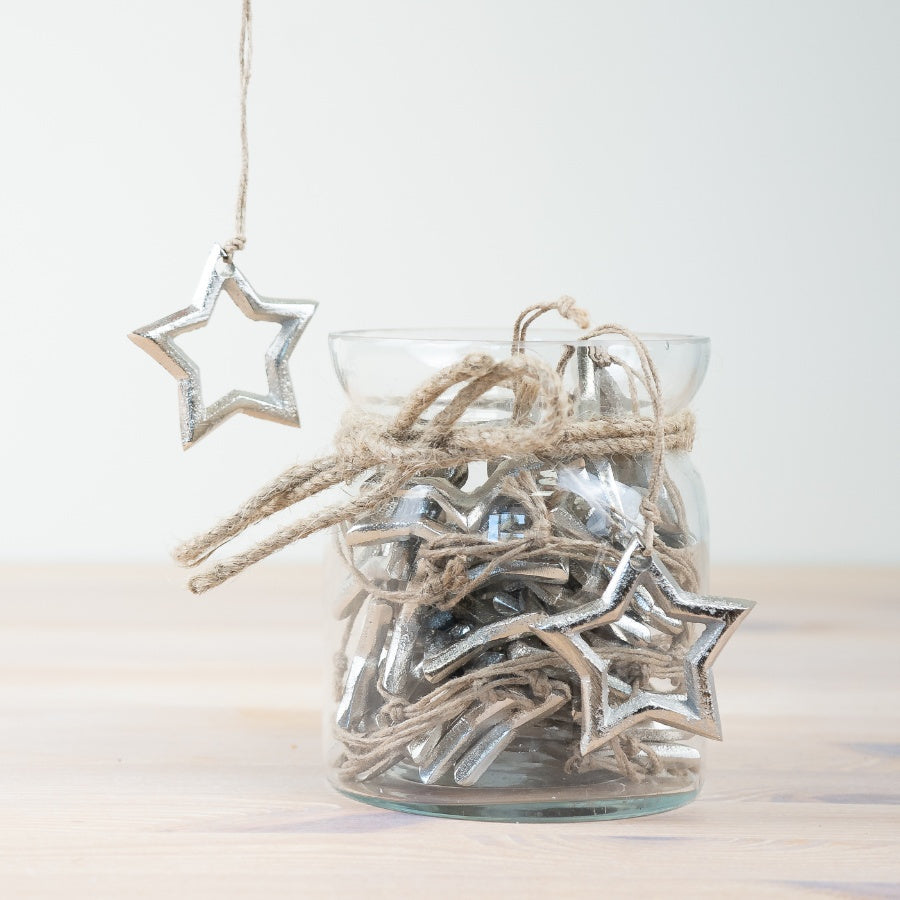 30pc Star Decorations in Glass Jar 12cm, Festive Hanging Ornaments, Clear Storage Jar