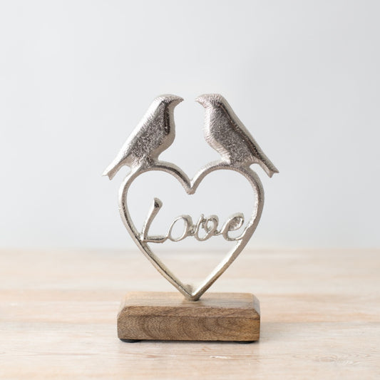 Wooden Base Heart Ornament with Birds 17cm – Silver Love Motif Home Décor