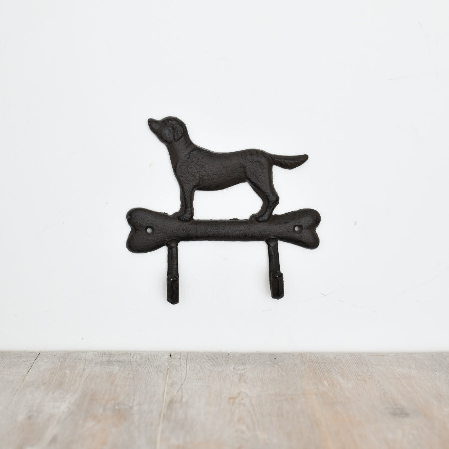 Cast Iron Dog & Bone Wall Hook 19.3cm, Rustic Industrial Storage Decor