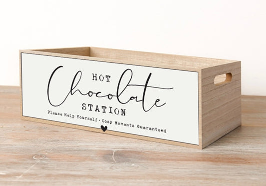 Wooden Hot Chocolate Station Crate Whitewashed Wooden Storage Caddy Rustic Kitchen Home Décor Gift 24cm