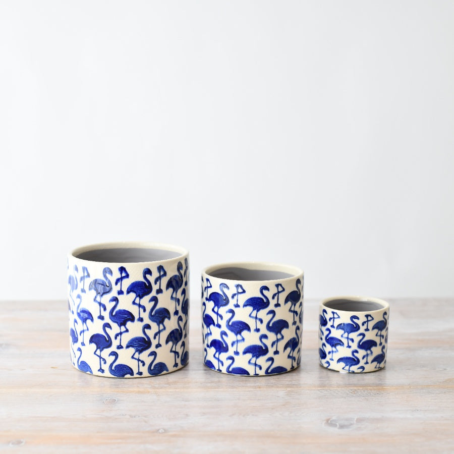 Blue Stoneware Flamingo Plant Pot 8cm, Mini Indoor Planter, Crackle Glaze Finish