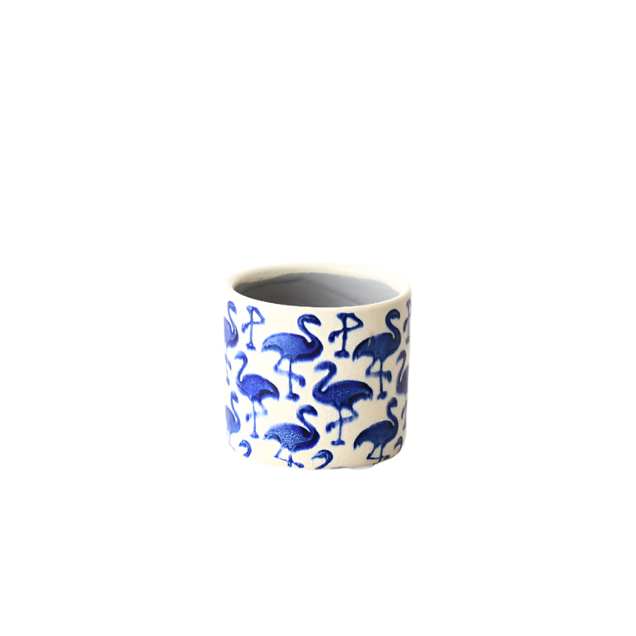 Blue Stoneware Flamingo Plant Pot 8cm, Mini Indoor Planter, Crackle Glaze Finish
