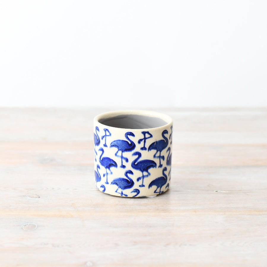 Blue Stoneware Flamingo Plant Pot 8cm, Mini Indoor Planter, Crackle Glaze Finish