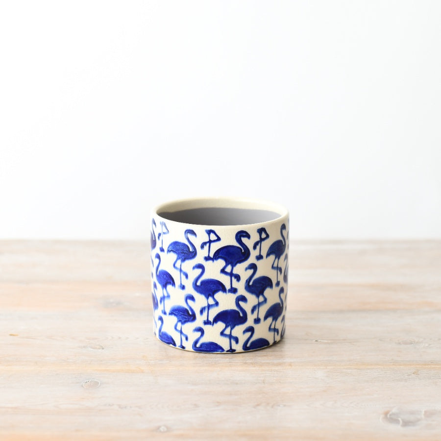 Blue Stoneware Flamingo Plant Pot 11.7cm, Decorative Indoor Planter, Crackle Glaze Finish