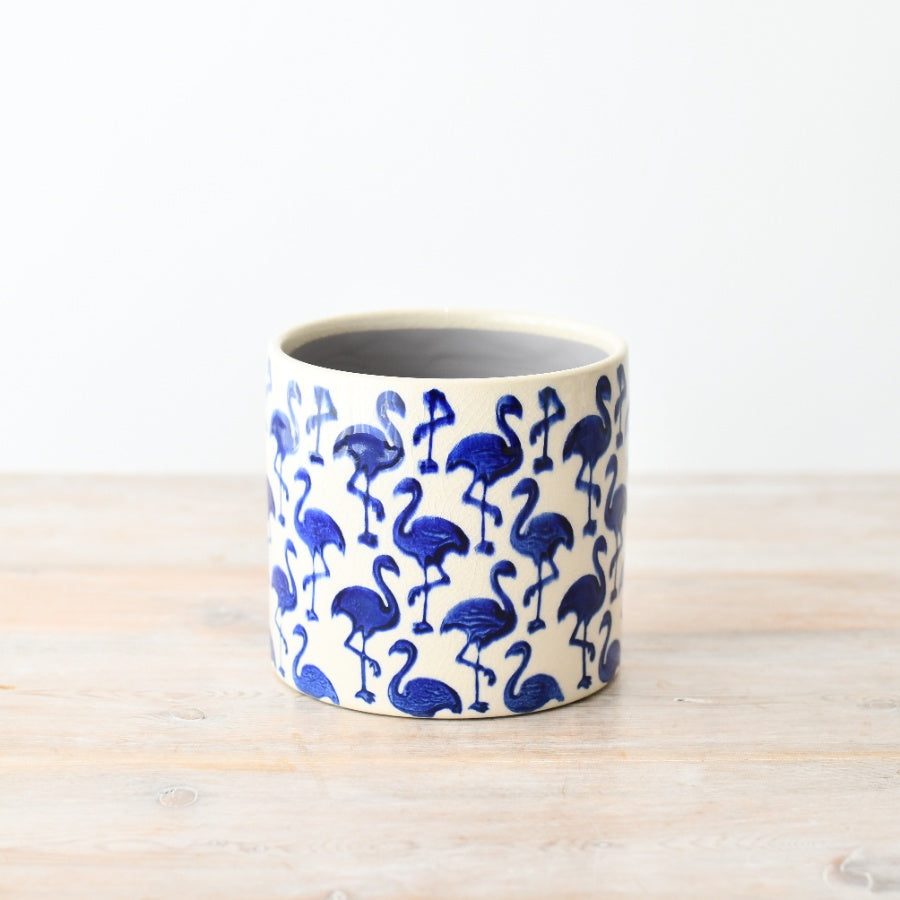 Blue Flamingo Stoneware Planter 14cm, Indoor Outdoor Plant Pot, Decorative Home Accent