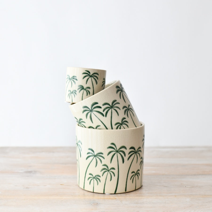 Palm Tree Stoneware Plant Pot 11.7cm, Glazed Indoor Planter with Tropical Design