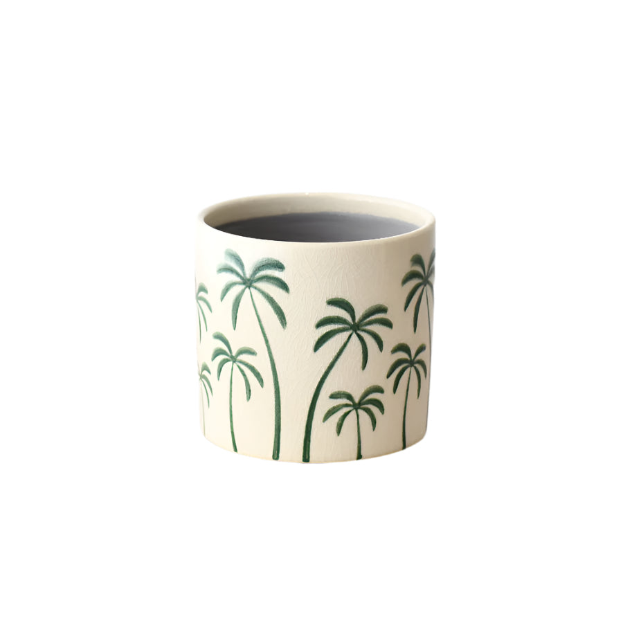 Palm Tree Stoneware Plant Pot 11.7cm, Glazed Indoor Planter with Tropical Design
