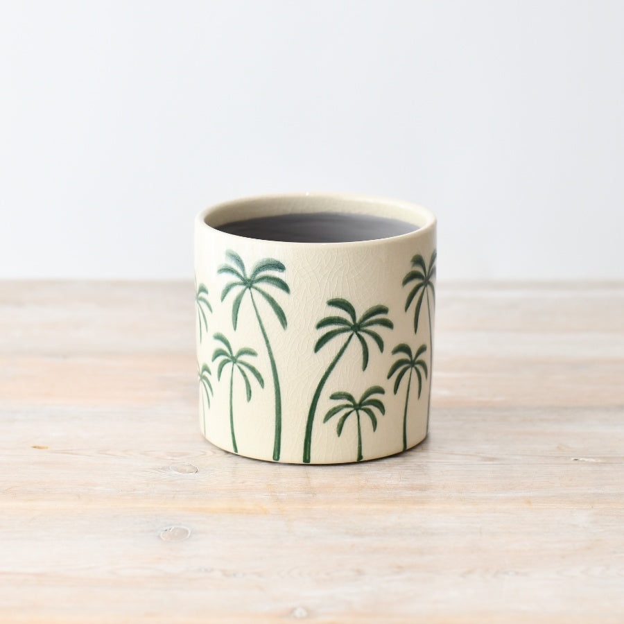 Palm Tree Stoneware Plant Pot 11.7cm, Glazed Indoor Planter with Tropical Design