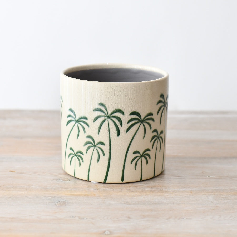 Palm Tree Stoneware Plant Pot 14cm, Durable Reactive Glaze Indoor Planter