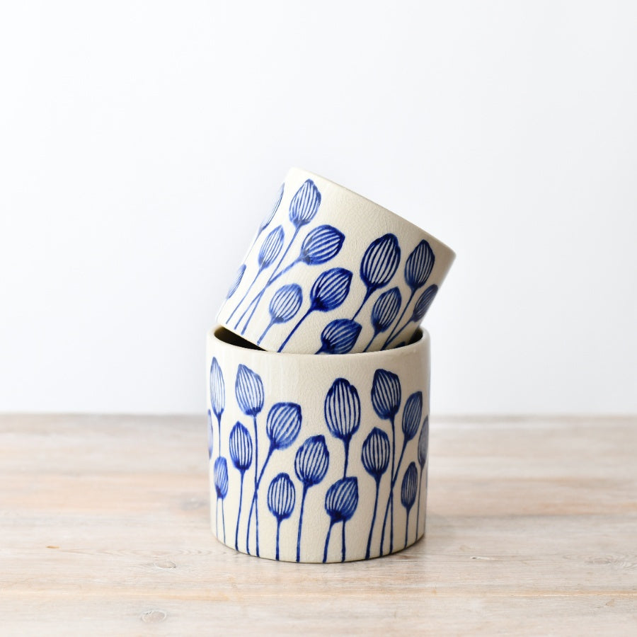 Stoneware Blue Leaf Planter 14cm, Handmade Floral Pot for Indoor Plants