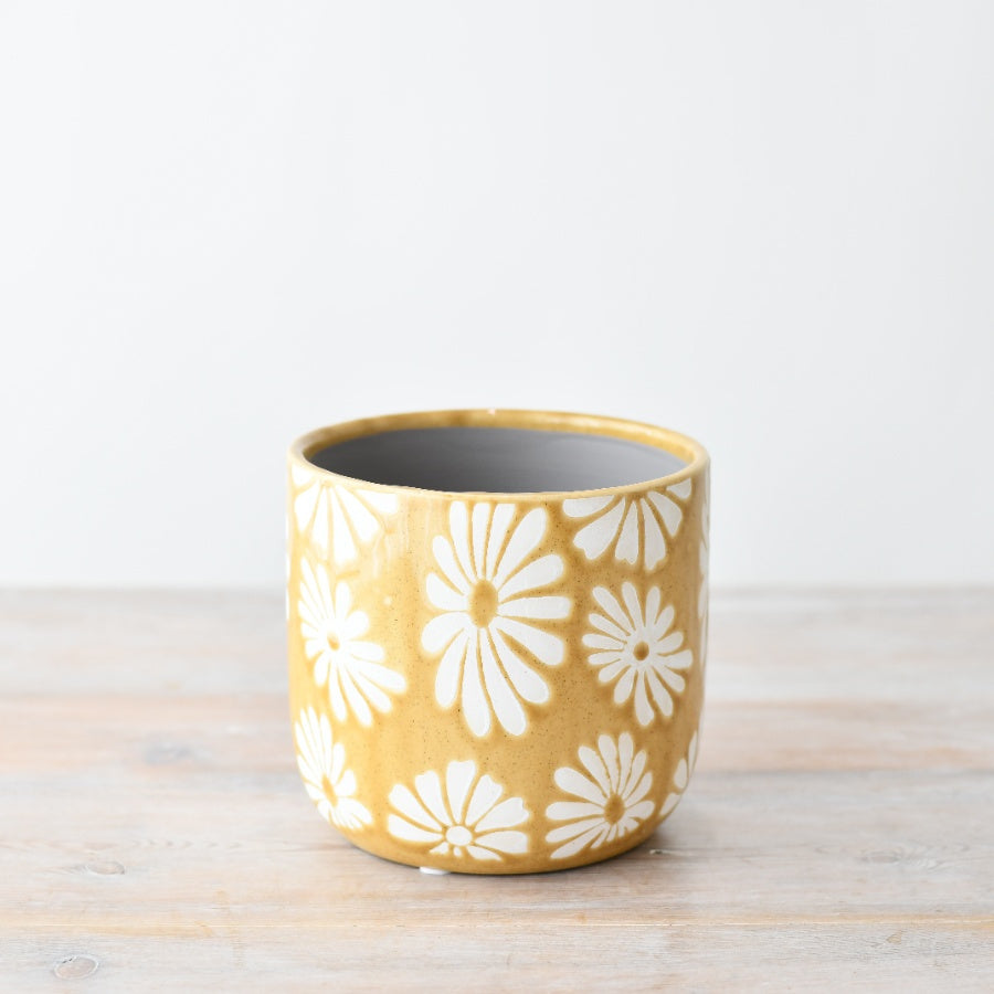 Stoneware Flower Planter 14cm, Embossed Pot for Indoor Plants or Garden Use