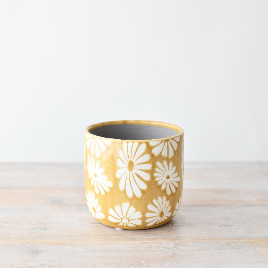 Stoneware Flower Planter 10.5cm – White Floral Boho Plant Pot Indoor Decorative Ceramic Home Decor